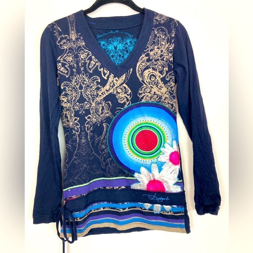 Desigual Navy and Mixed Patterned Long Sleeve Top includes velvet bling daisy
